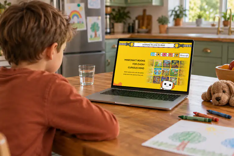 A boy at a kitchen table looking at the Bookbot website on a laptop, open at the Learning to Love to Read section, which shows Minecraft books for every curious mind