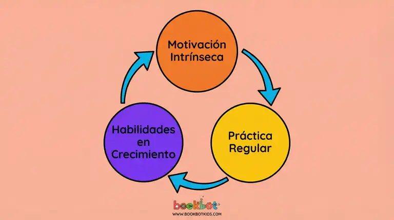 Infografía plana mostrando la relación entre motivación intrínseca, práctica de lectura y desarrollo de habilidades de lectura
