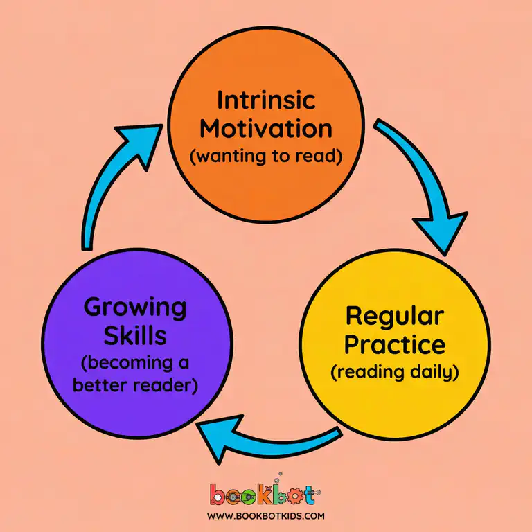 Flat infographic showing the relationship between intrinsic motivation, reading practice, and reading skill development