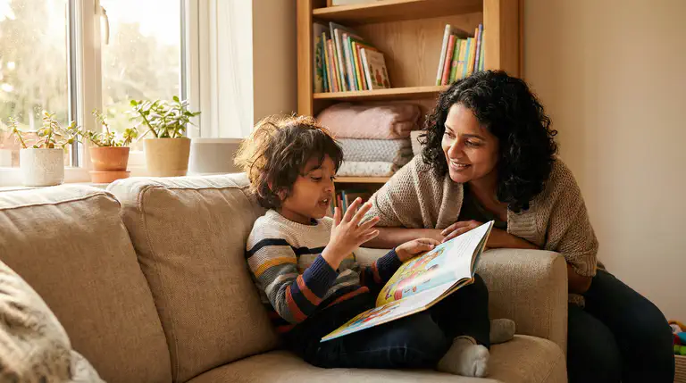 A child reading aloud with a parent listening attentively on a couch, warm natural light from a nearby window