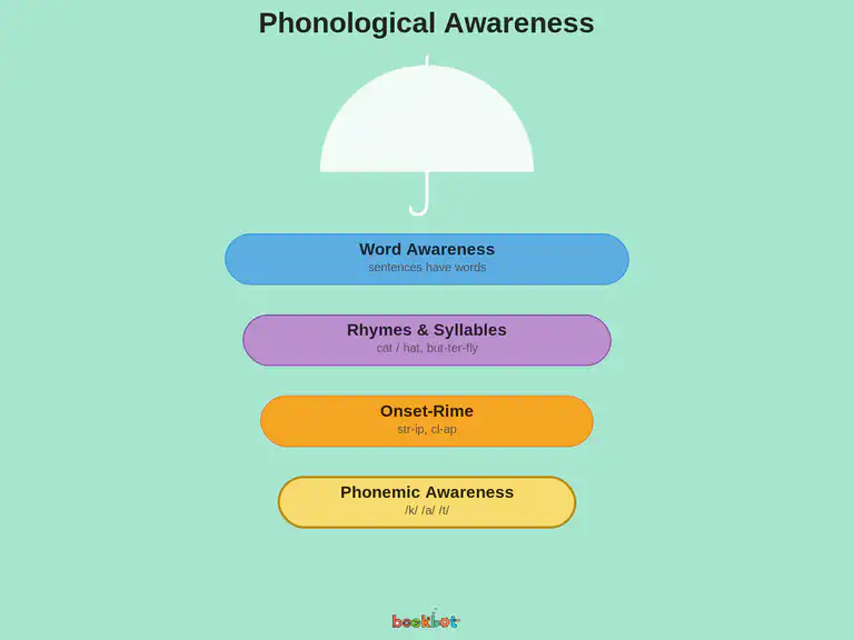 Diagram showing phonological awareness as an umbrella with phonemic awareness as the most specific layer inside