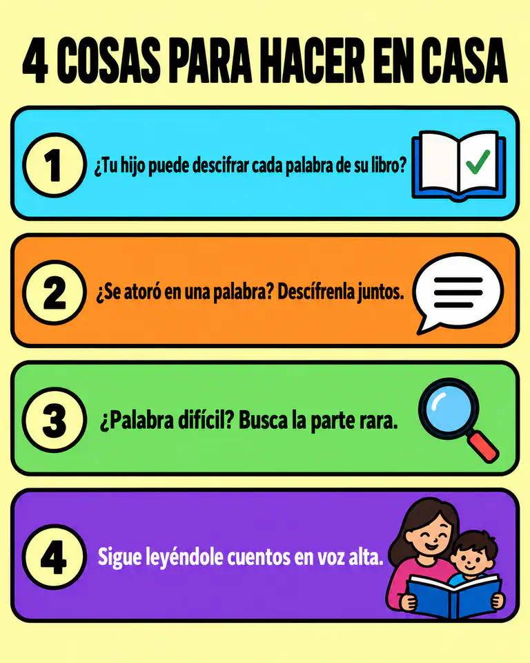 Lista de cuatro cosas que puedes hacer en casa: revisar que tu hijo pueda descifrar cada palabra de su libro, descifrar juntos una palabra en la que se atora en vez de adivinar, encontrar la parte rara de una palabra difícil y seguir leyéndole cuentos en voz alta