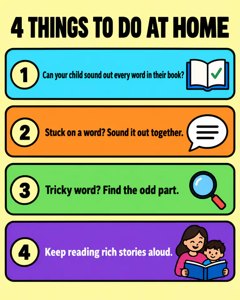 Checklist of four things parents can do at home: check your child can sound out every word in their book, sound out a stuck word together instead of guessing, find the odd part in a tricky word, and keep reading rich stories aloud