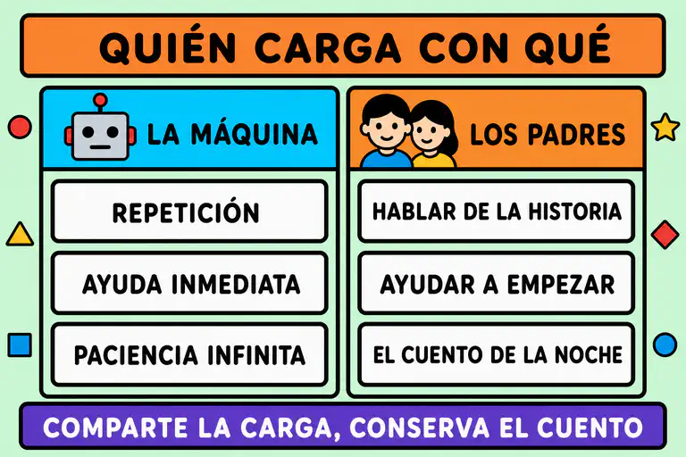 Diagrama de reparto de tareas titulado quién carga con qué: la máquina se encarga de la repetición, la ayuda inmediata y la paciencia infinita; los padres, de hablar de la historia, ayudar a empezar y el cuento de la noche