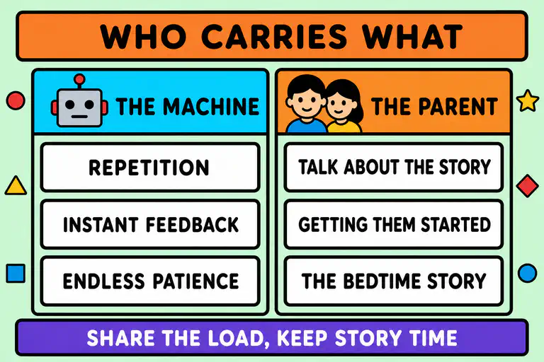 A division of labour diagram headed who carries what, with the machine holding repetition, instant feedback and endless patience, and the parent holding talk about the story, getting started and the bedtime story