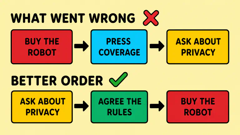 An illustration comparing two orders of operations: buying a robot then asking about privacy, versus asking about privacy then buying