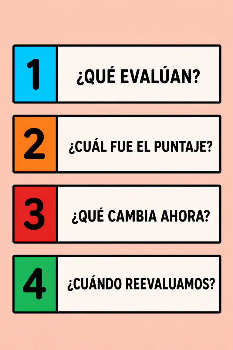 Lista de cuatro preguntas para hacerle a la escuela sobre las pruebas de lectura, en bloques numerados