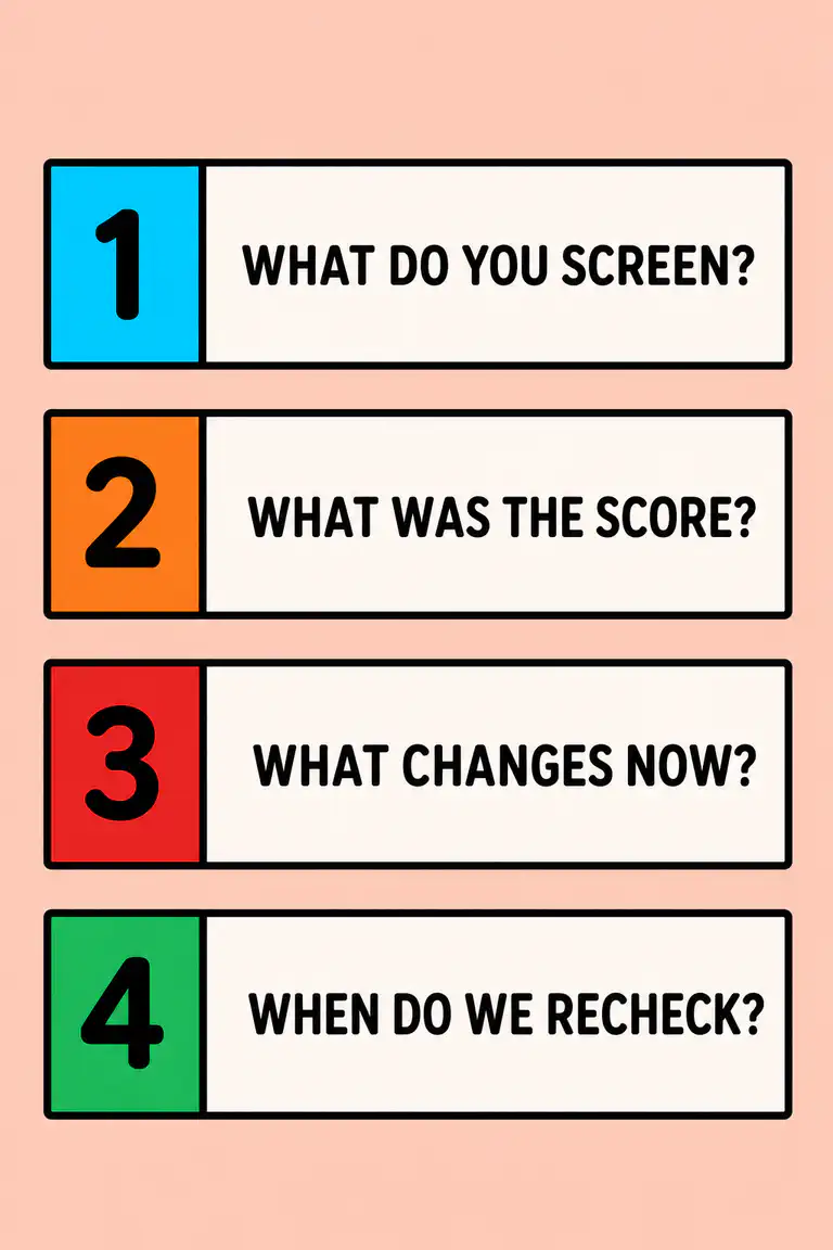 A checklist of four questions to ask a school about reading screening, shown as numbered blocks in a vertical column