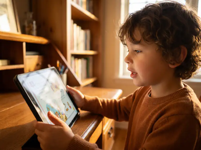 A child reading aloud with a tablet, connecting speech to text