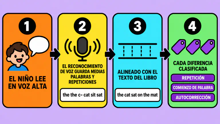 Diagrama del método en cuatro pasos: un niño lee en voz alta, el sistema de reconocimiento de voz anota cada palabra, media palabra y muletilla, la transcripción se alinea con el texto del libro y cada diferencia se clasifica en un tipo, como repetición, comienzo de palabra o autocorrección
