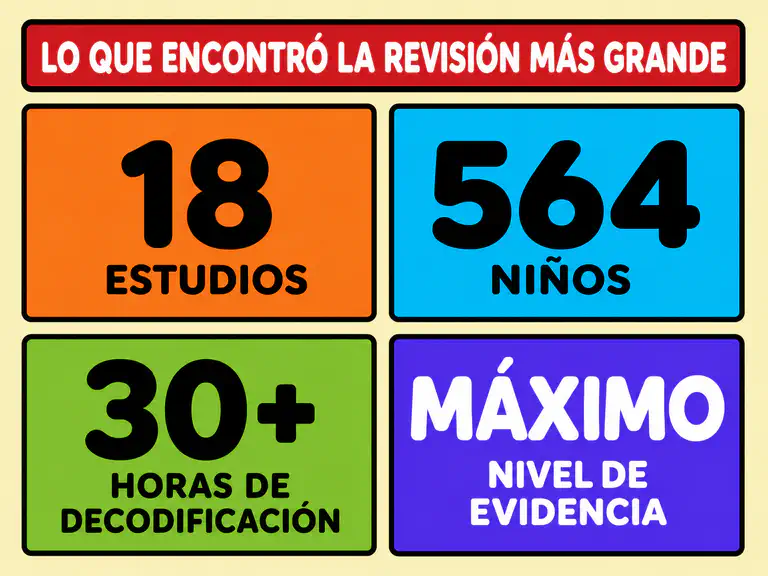Panel resumen de la evidencia con 18 estudios, 564 niños, 30 horas o más de decodificación y el máximo nivel de evidencia