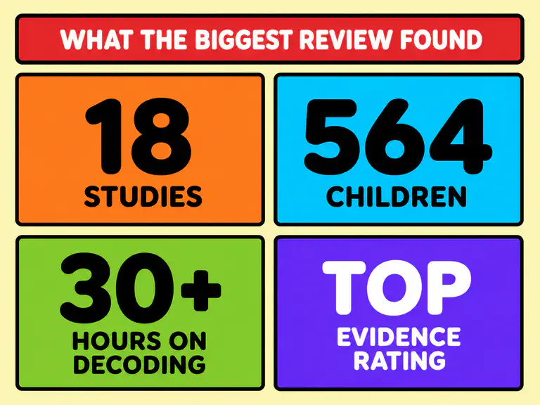 Evidence summary panel listing 18 studies, 564 children, 30 or more hours on decoding, and the top evidence rating