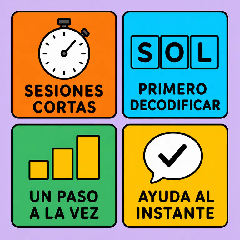Cuatro paneles con un cronómetro para sesiones cortas, fichas de letras para primero decodificar, escalones que suben para un paso a la vez y un globo de diálogo para ayuda al instante