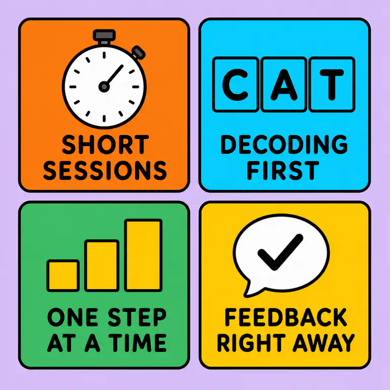 Four panels showing a stopwatch for short sessions, letter tiles for decoding first, rising steps for one step at a time, and a speech bubble for feedback right away