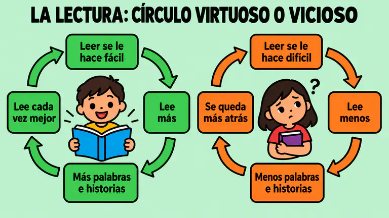 Dos círculos que muestran cómo la lectura crece en los dos sentidos. En el círculo virtuoso, a un niño se le hace fácil leer, lee más, aprende más palabras e historias y lee cada vez mejor. En el círculo vicioso, a un niño se le hace difícil leer, lee menos, aprende menos palabras e historias y se queda más atrás