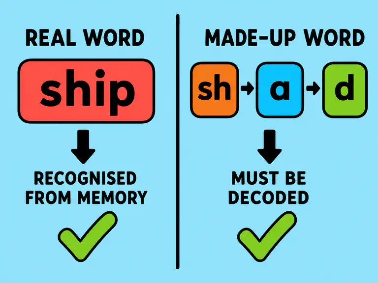 Comparison showing a memorized real word recognized whole versus a pseudo-word that must be decoded letter by letter