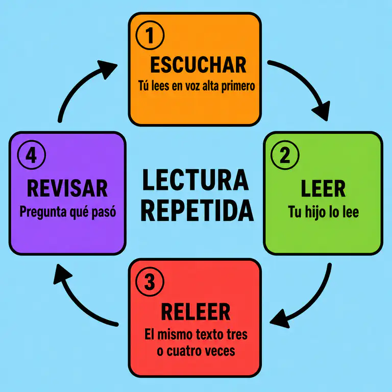 Ciclo de lectura repetida en cuatro pasos: escuchar, leer, releer y revisar la comprensión