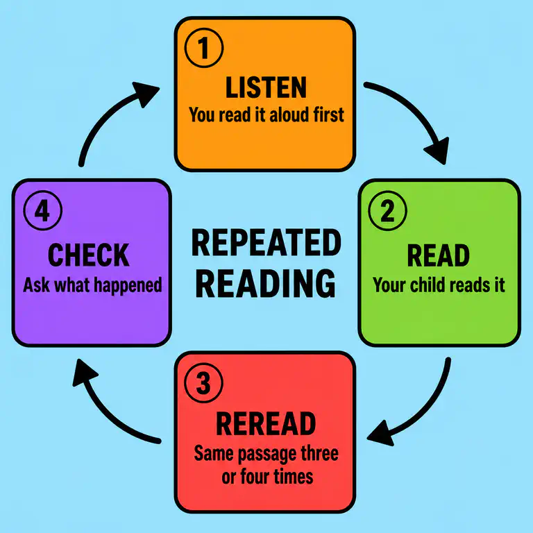Four-step repeated reading loop: listen, read, reread and check understanding