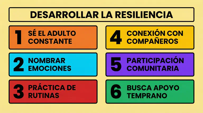Ilustración educativa con una línea de tiempo de desarrollo de resiliencia: práctica de rutinas, nombrar emociones, conexión con compañeros, participación comunitaria, sobre fondo amarillo pálido