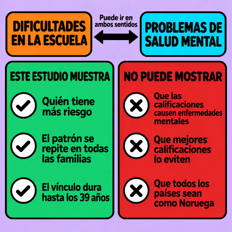 Diagrama con una flecha de doble sentido que muestra que las dificultades en la escuela y los problemas de salud mental pueden influirse entre sí, con una lista de lo que el estudio puede y no puede mostrar