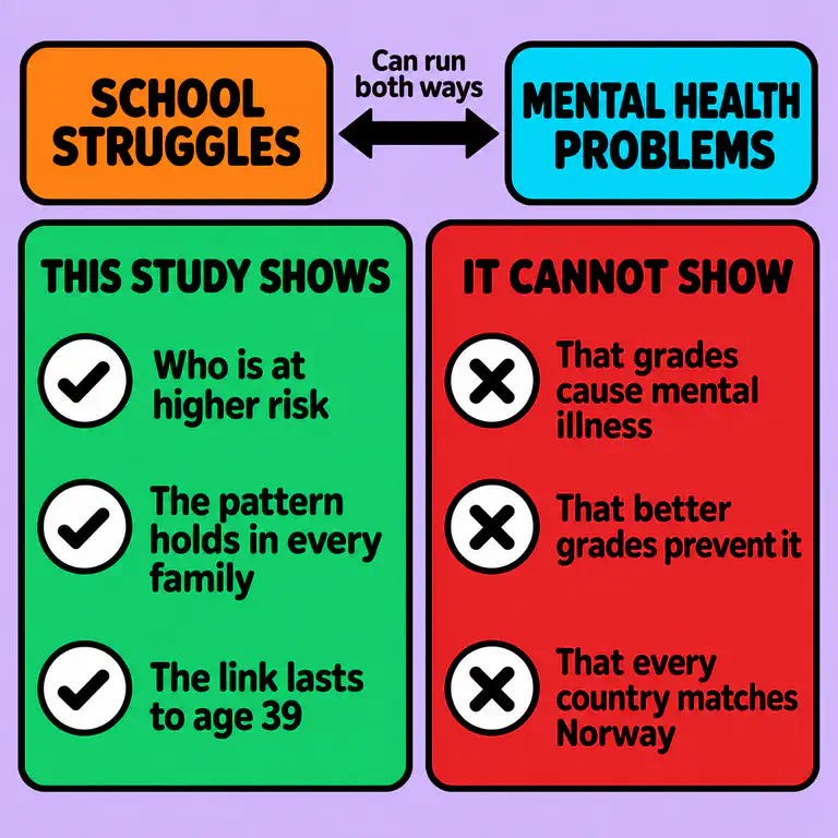 Two-way arrow diagram showing that school struggles and mental health problems can each influence the other, with a list of what the study can and cannot tell us
