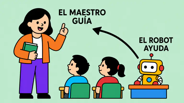 Ilustración de un pequeño robot amistoso sentado en un pupitre junto a una maestra, con la maestra claramente al frente de la clase