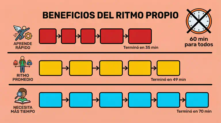Infografía educativa mostrando cómo el ritmo propio beneficia a diferentes tipos de estudiantes