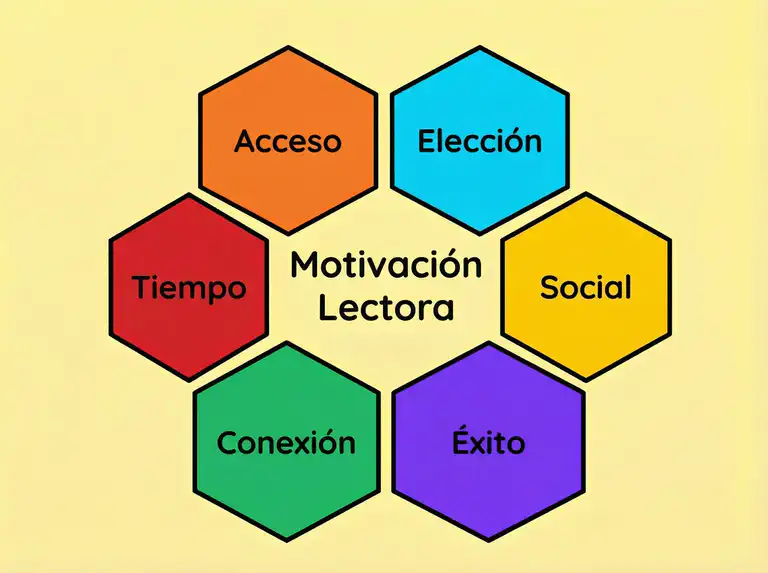 Infografía plana mostrando seis principios hexagonales del programa &ldquo;Love to Read&rdquo;: Acceso, Elección, Tiempo, Conexión, Social, Éxito