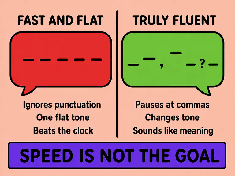 Two speech bubbles comparing a fast flat reader with a truly fluent one