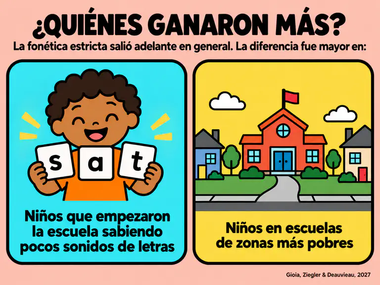 Ilustración de los dos grupos de niños que más ganaron con la fonética estricta: los que empezaron la escuela sabiendo pocos sonidos de letras y los de escuelas en zonas más pobres