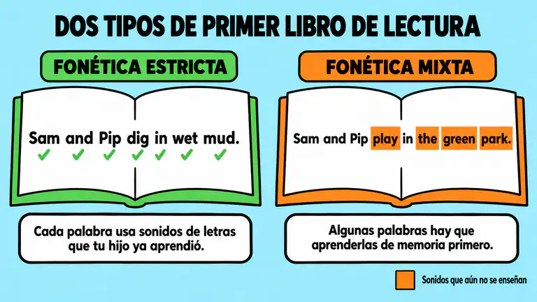 Dos páginas de libros de lectura inicial lado a lado, con un ejemplo en inglés. En la página de fonética estricta, cada palabra usa sonidos de letras que el niño ya aprendió. En la página de fonética mixta, algunas palabras hay que aprenderlas de memoria antes de que se enseñen sus sonidos