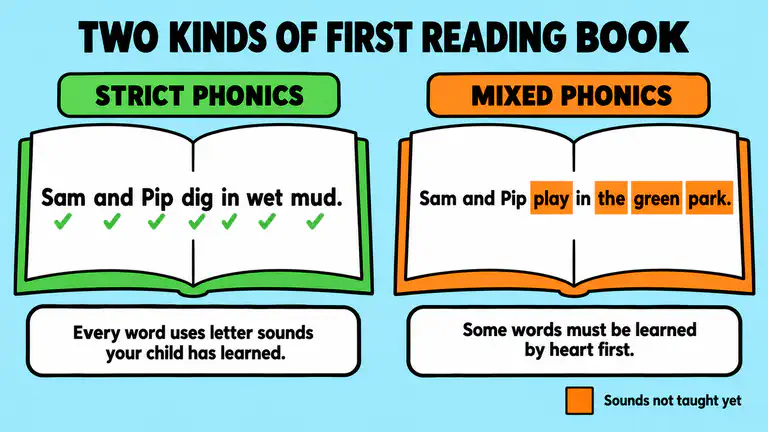 Two early reading book pages side by side. On the strict phonics page every word uses letter sounds the child has been taught. On the mixed phonics page some words must be memorized before their sounds are taught
