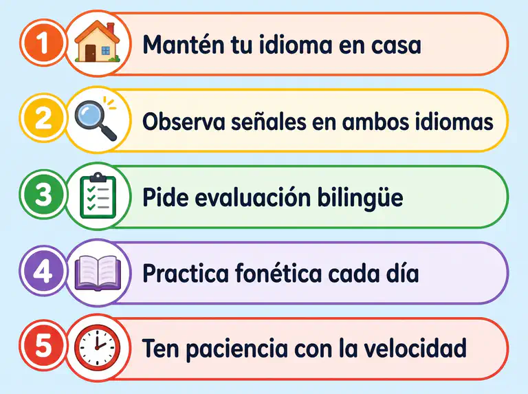 Ilustración con tips prácticos para apoyar a lectores bilingües con dislexia