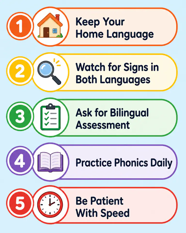 Illustration showing practical tips for supporting bilingual children with dyslexia
