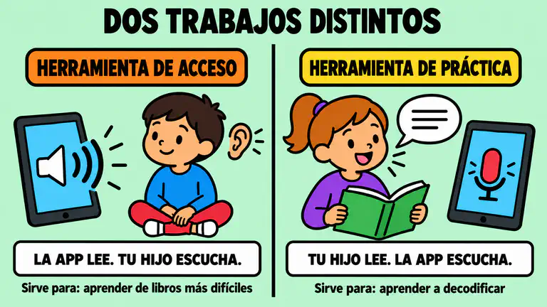 Ilustración en dos partes que compara una herramienta de acceso, en la que una tableta le lee un libro en voz alta a un niño que escucha, con una herramienta de práctica, en la que el niño lee en voz alta y la tableta escucha