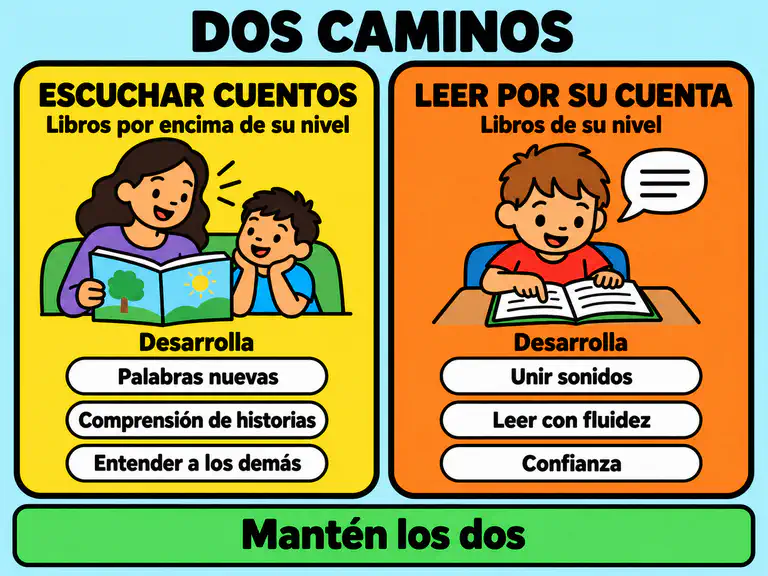 Dos caminos hacia los beneficios de la lectura. A la izquierda, escuchar cuentos por encima de su nivel desarrolla palabras nuevas y la comprensión de historias y de los demás. A la derecha, leer libros de su nivel desarrolla la unión de sonidos, la lectura fluida y la confianza. Abajo, un letrero dice: mantén los dos