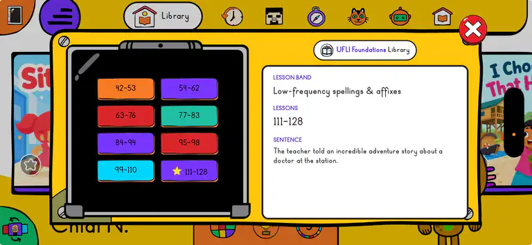 The Bookbot app&rsquo;s library of books for UFLI Foundations lessons, showing eight lesson bands from 42-53 to 111-128 and the Lessons 111-128 band selected, with a sample sentence: &ldquo;The teacher told an incredible adventure story about a doctor at the station.&rdquo;