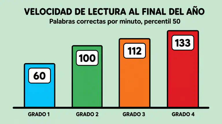 Gráfica de barras de palabras correctas por minuto al final del año, de 60 en 1.º grado a 133 en 4.º grado
