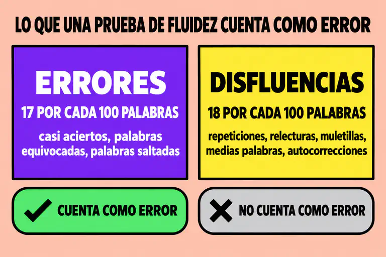 Dos bloques del mismo tamaño, errores con unos 17 por cada 100 palabras y disfluencias con unos 18 por cada 100 palabras, y solo el bloque de errores marcado como contado como error por una prueba de fluidez