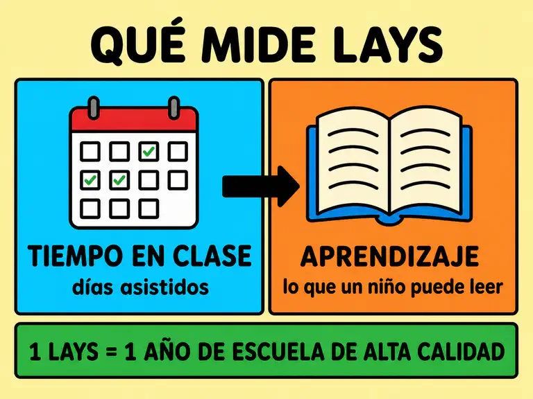 Diagrama que explica los años de escuela ajustados por aprendizaje como un año medido por lo que el niño aprende y no por su asistencia