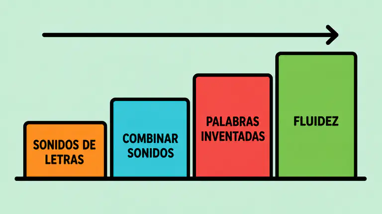 Cuatro bloques de la evaluación de lectura temprana: sonidos de letras, combinación de sonidos, palabras inventadas y fluidez