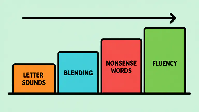 Four building blocks of early reading screening shown as stacked geometric blocks: letter sounds, phoneme blending, nonsense word reading, and oral reading fluency